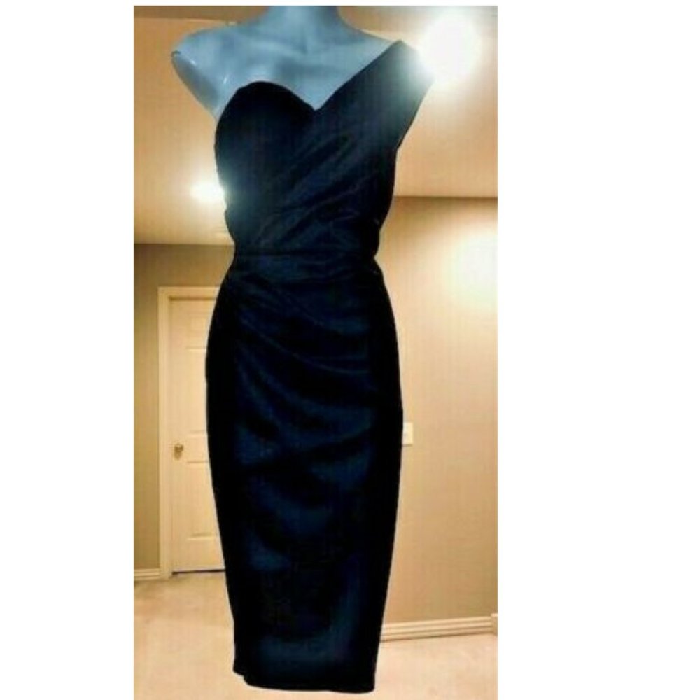 STOP STARING BLACK SATIN GRECIAN PINUP MIDI DRESS